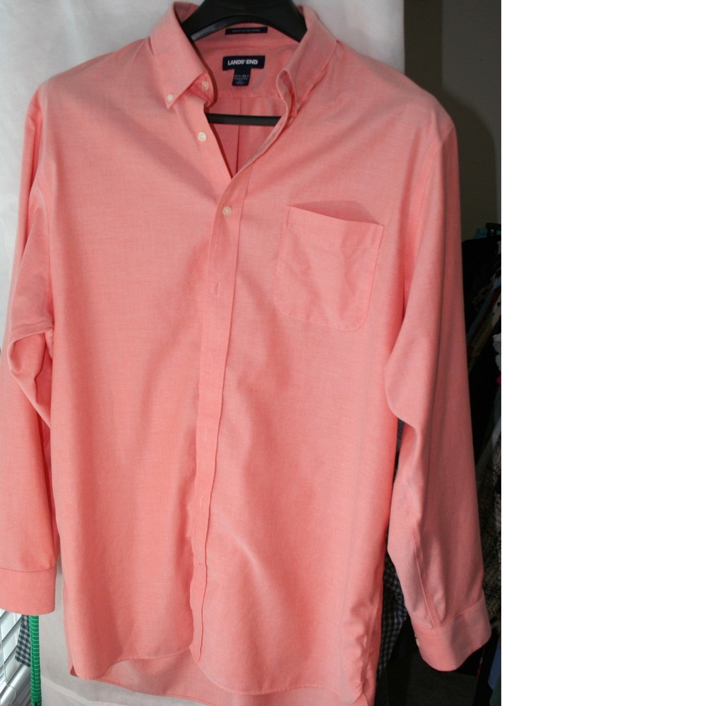Lands End Mens Supima No Iron Oxford Shirt Coral Pink 17.5 36 Traditional Fit